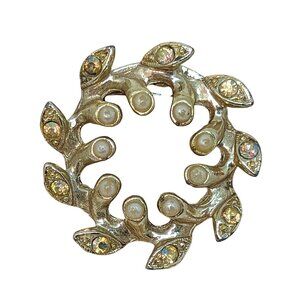 Vintage Gold-Tone Leaf Wreath Pin With Faux Pearls & Rhinestones
